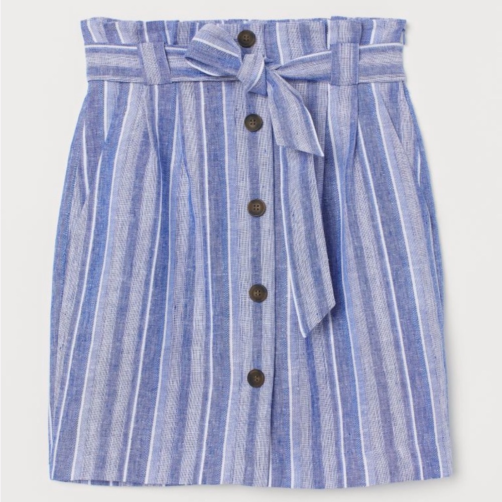 Size 6 H&M Linen High Waisted Blue and White Skirt Pockets and Belt